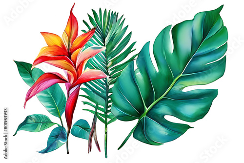 Watercolor paintings of tropical bouquets and vibrant foliage. Flowers include red ginger, orange bird of paradise. and frangipani flowers and Monstera leaves on a white background