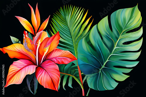Watercolor painting of vibrant tropical flowers and leaves, tropical flowers on a black background.