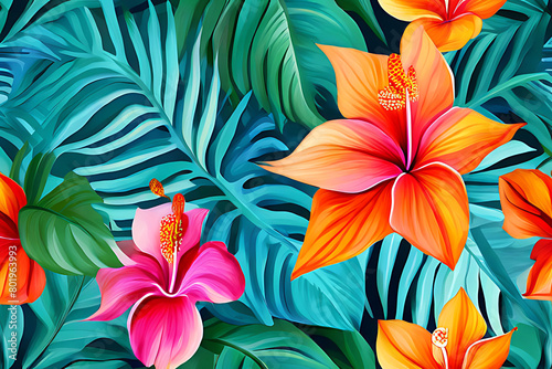 Watercolor painting of bright colors of a tropical bouquet. Bright colors and textures create a feeling of abundance.