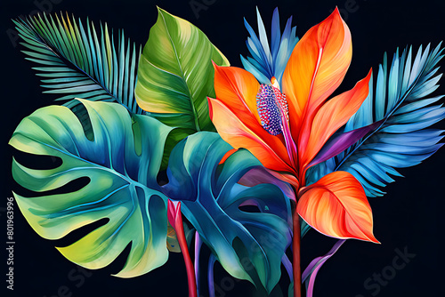 Watercolor paintings of vibrant tropical flowers and leaves. Bright colors and textures create a feeling of abundance. on a black background