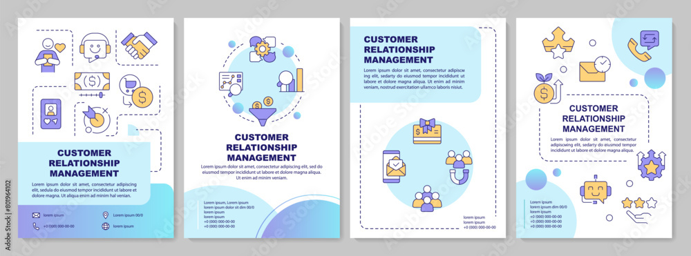 CRM system features blue gradient brochure template. Leaflet design with linear icons. Editable 4 vector layouts for presentation, annual reports. Arial-Bold, Myriad Pro-Regular fonts used