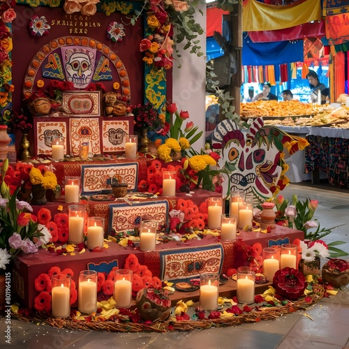 A vibrant and colorful image of beautifully decorated altars adorned with intricate details, honoring Mexican heritage and culture. The altars are surrounded by an array of candles, fresh flowers, 