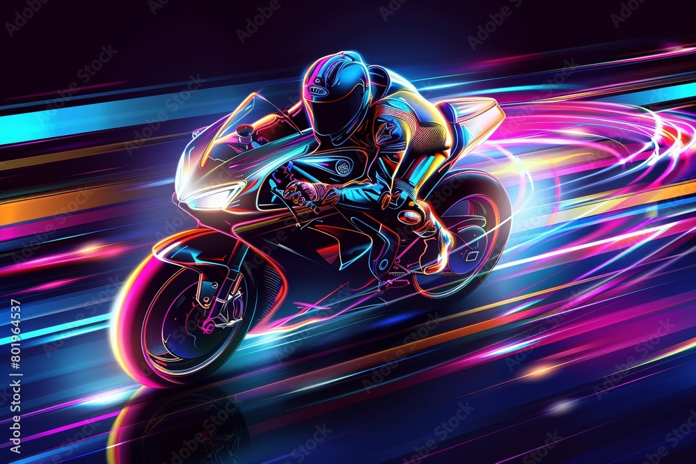 Bathed in neon light, a futuristic motorcycle with an aerodynamic design races across a black canvas. The rider leans forward in a dynamic stance, leaving behind a trail of colorful light streaks.