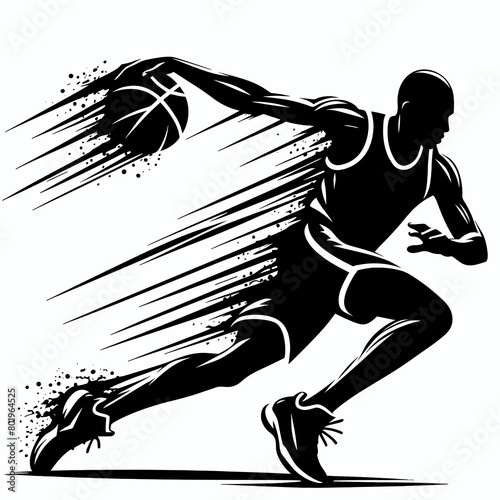 A black and white drawing of a basketball player in motion.