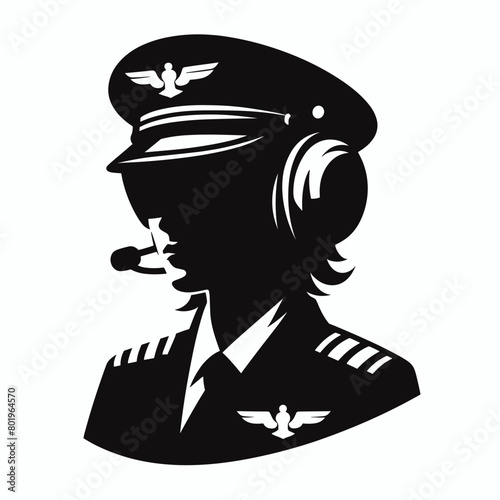 A black and white illustration of a female pilot wearing a hat and headphones. photo
