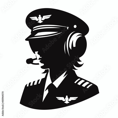 A black and white illustration of a female pilot wearing a hat and headphones.