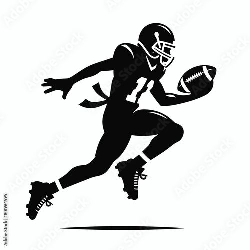 A black and white illustration of a football player running with the ball.