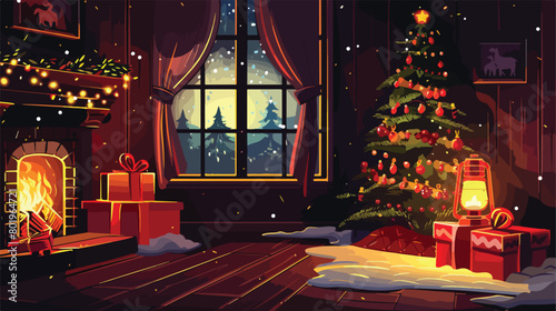 Lantern and gift near Christmas tree in room Vector illustration © Hassan
