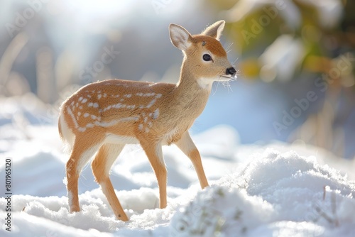 A deer stands in the snow with its antlers raised © Phuriphat