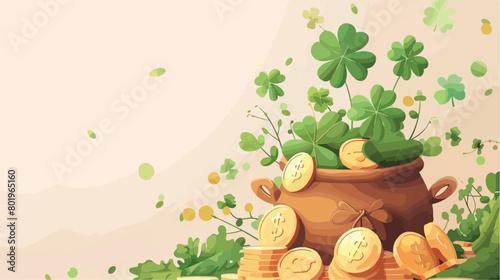 Leprechaun pot with golden coins and clover leaves on