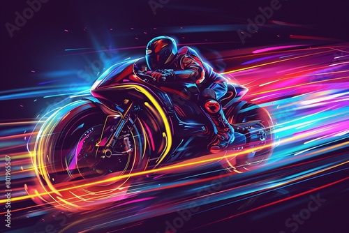 A futuristic neon motorcycle, its vibrant colors and dynamic lines a blur against a black background, streaks across the night with the rider in a dynamic pose. photo