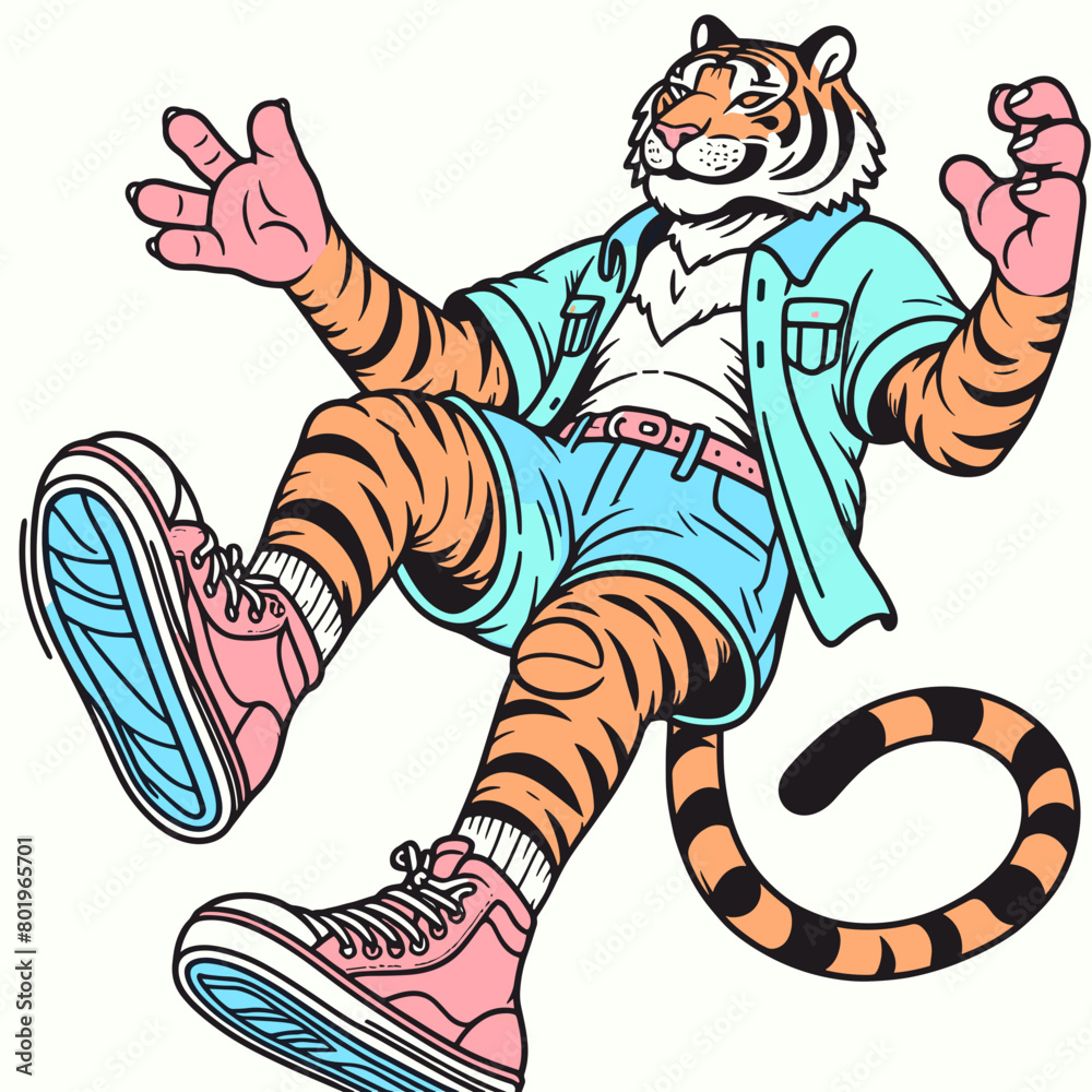 Naklejka premium A cartoon tiger wearing clothes and sneakers is jumping in the air with its arms and legs spread out.