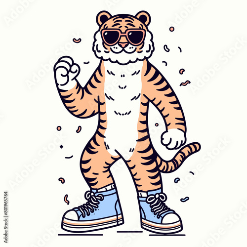 A cartoon tiger wearing sunglasses and sneakers, doing a dance move.