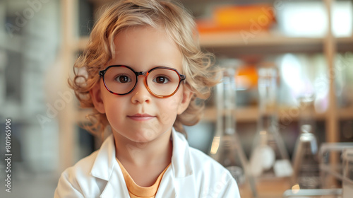 portrait of a 5-year-old boy with glasses on the background of a laboratory. concept of preschool education. Science ads for the youngest children