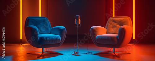 A pair of blue chairs are set up in front of a microphone. The chairs are facing each other, and the microphone is placed in the middle of the scene