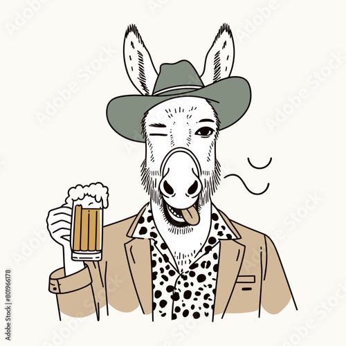 A cool donkey in a hat and sunglasses is drinking a beer.