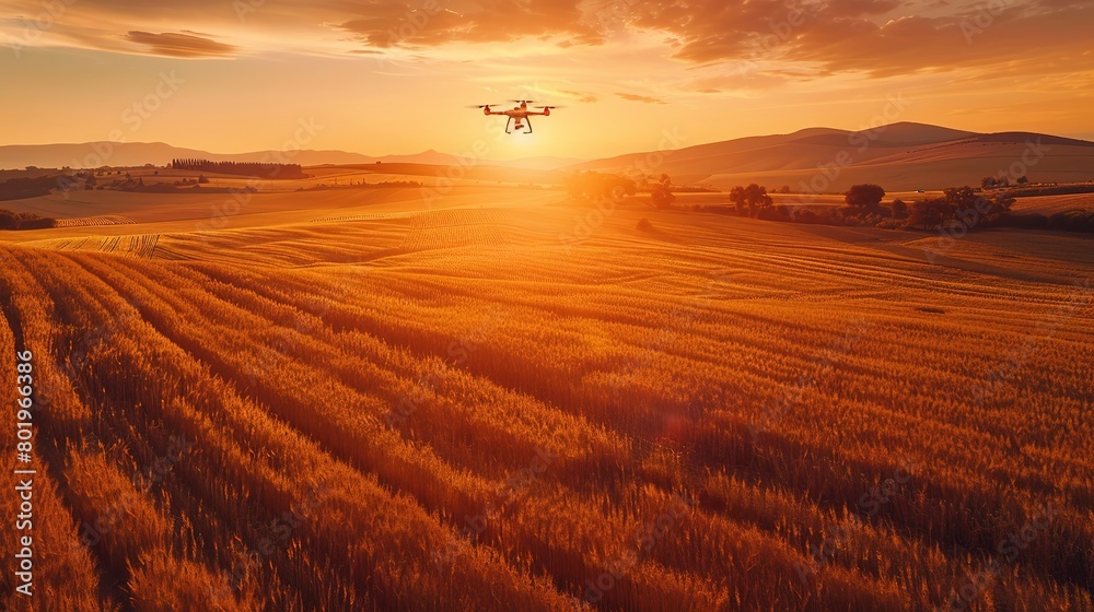 Smart agriculture drone over fields, golden hour light, bird's-eye view, eco-tech 