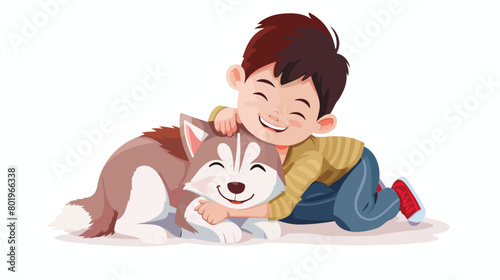 Little boy with cute husky puppy on white background