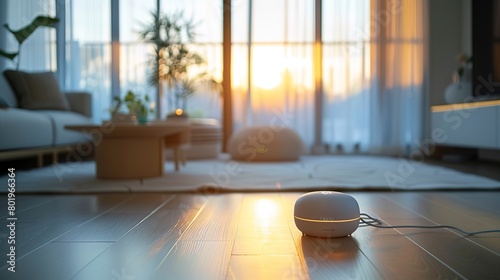 IoT smart home devices  soft white light  eye-level  minimalist interior