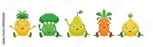 Funny Fruit and Vegetable Sit with Smiling Face Vector Set