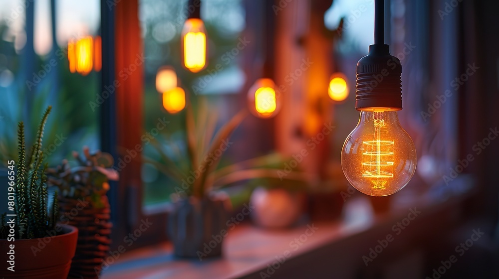 Energy-saving smart bulbs in action, dim ambient light, eye-level, eco-friendly home Energy-saving smart bulbs in action, dim ambient light, eye-level, eco-friendly home