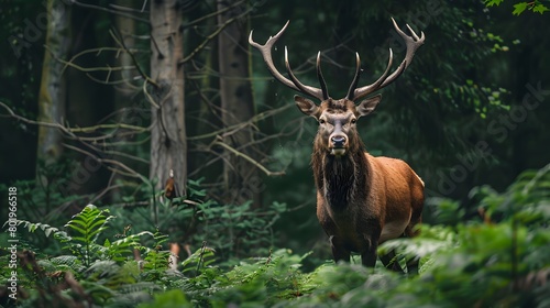 A majestic red deer stag stands tall in the heart of an ancient woodland, surrounded by dense green foliage and large old trees, with a focus on its face.
