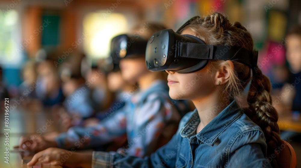 VR educational software, bright classroom light, side angle, learning in action VR educational software, bright classroom light, side angle, learning in action