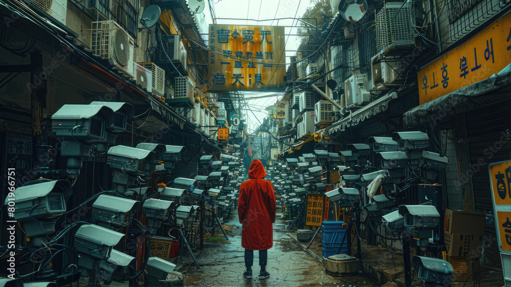 A person in a red coat navigates a maze of cameras in the city