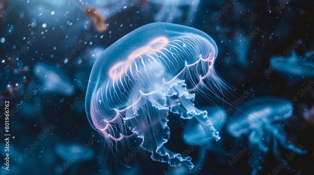 A closeup view of a mesmerizing jellyfish with its translucent body and delicate tentacles illuminated by the sunlight filtering through the water.. A closeup view of a mesmerizing jellyfish with its translucent body and delicate tentacles illuminated by the sunlight filtering through the water..