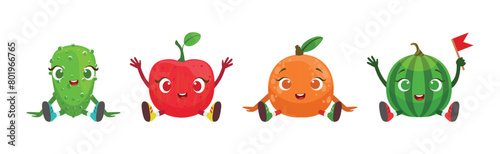 Funny Fruit and Vegetable Sit with Smiling Face Vector Set