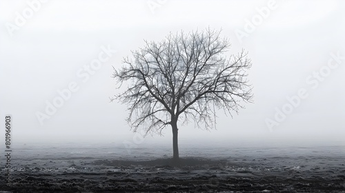 Solitary Tree in Misty Monochrome Landscape