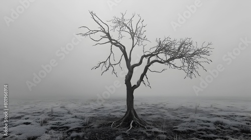 Solitary Leafless Tree in Misty Monochrome Landscape