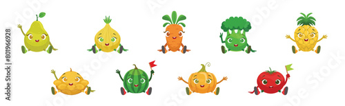 Funny Fruit and Vegetable Sit with Smiling Face Vector Set