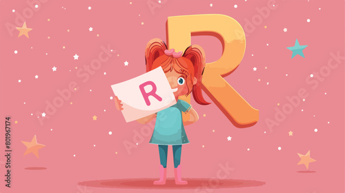 Little girl holding paper sheet with letter R on color