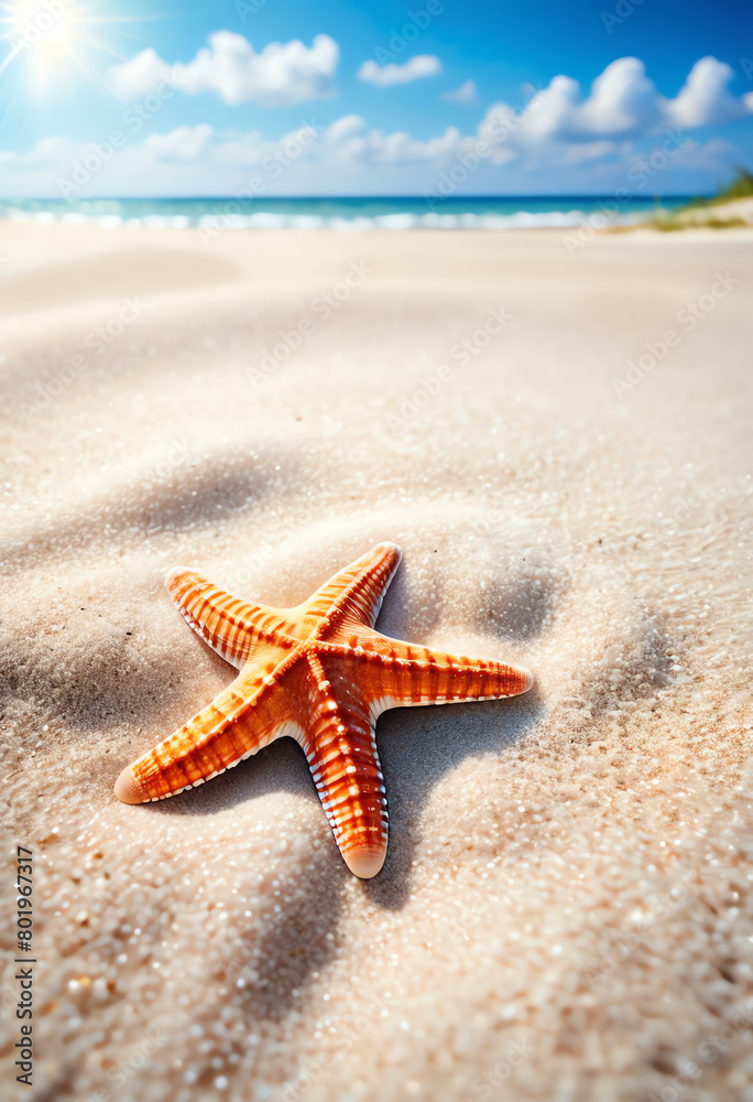 starfish on white sand beach in bright summer day starfish on white sand beach in bright summer day