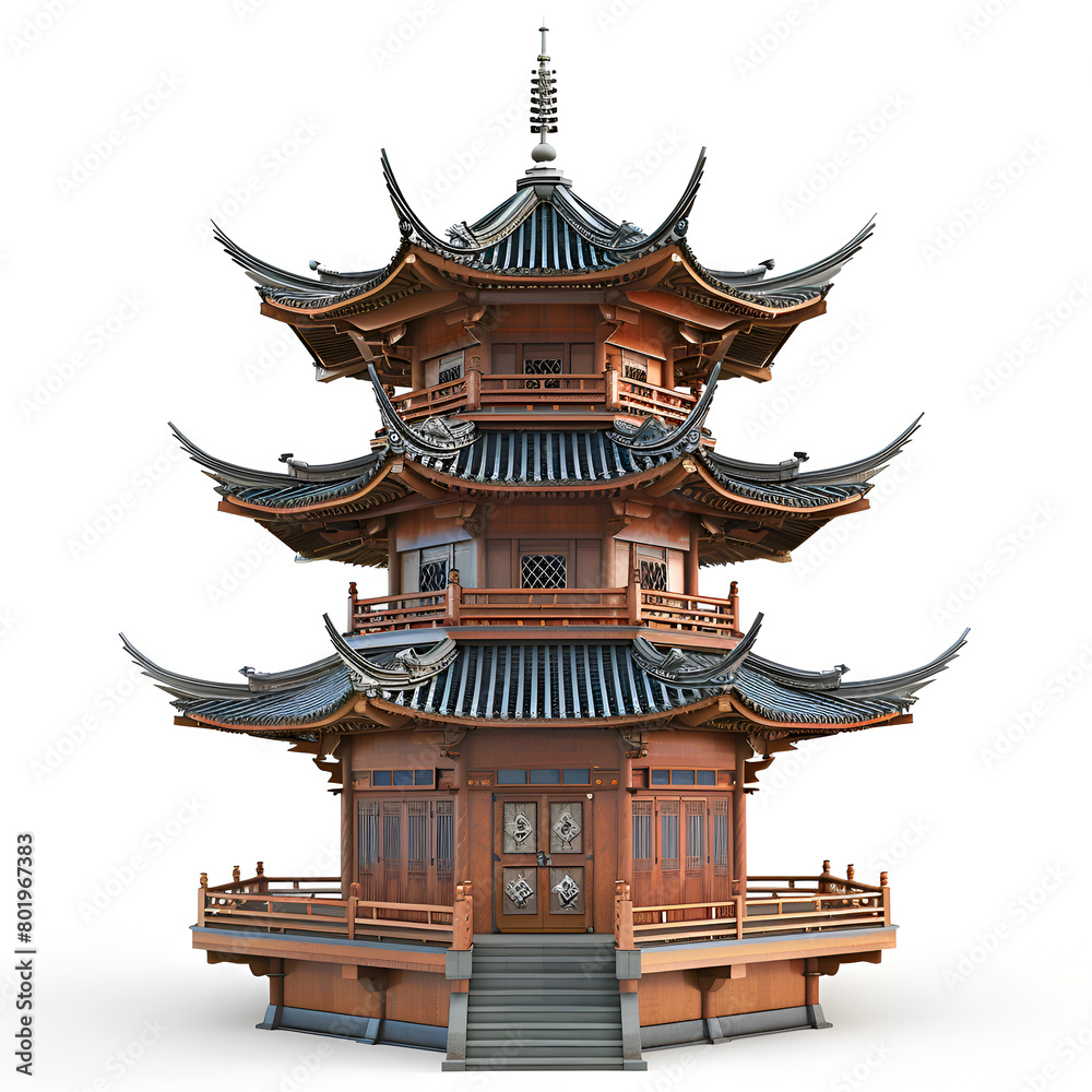 Fototapeta premium A tall red and white building with a pointed roof. The building is a pagoda and has a lot of windows. Generative AI