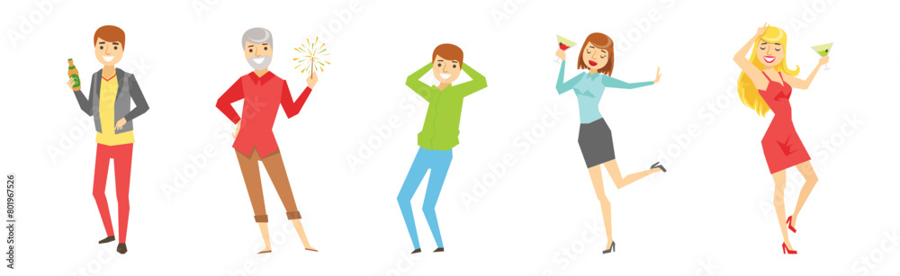 Cheerful Man and Woman Character Celebrate Something Vector Set
