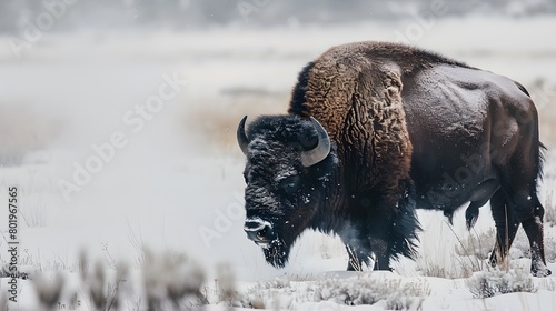 A mighty bison grazing in a snow-covered field, steam visible from its nostrils in the chilly air. 4k wallpaper