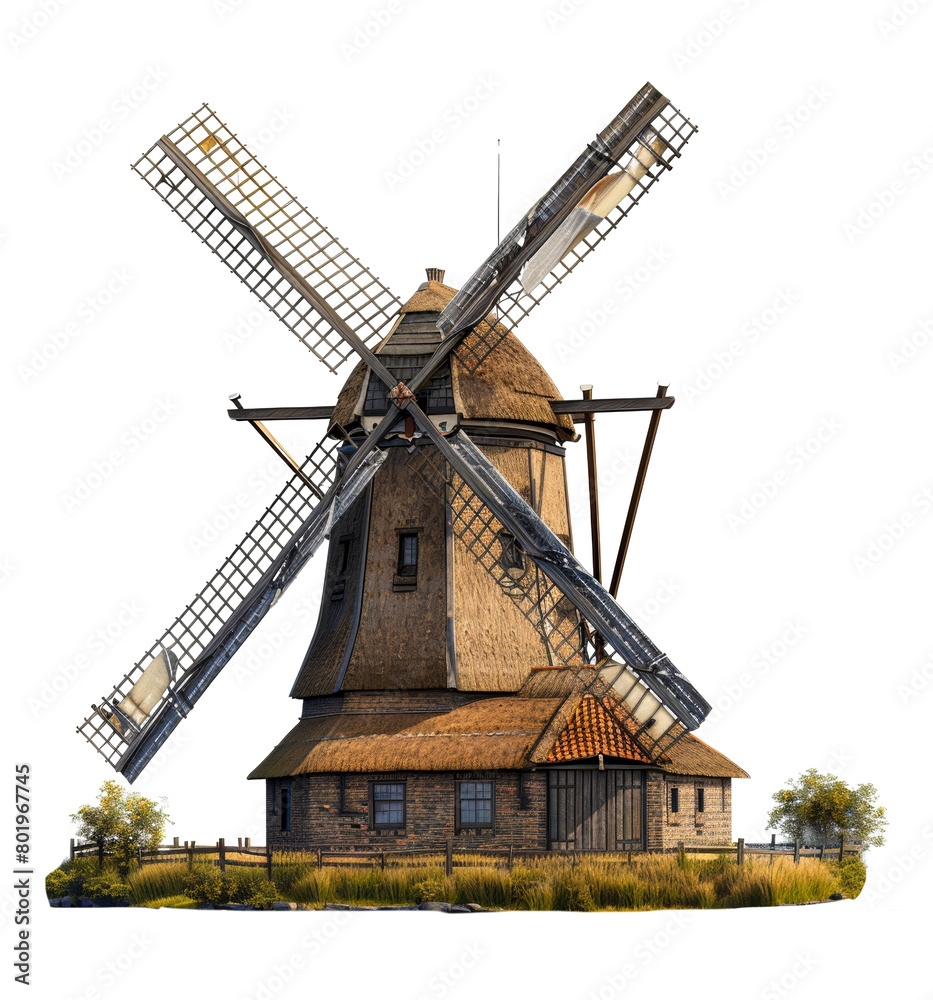 Traditional windmill with stone base, cut out - stock png.