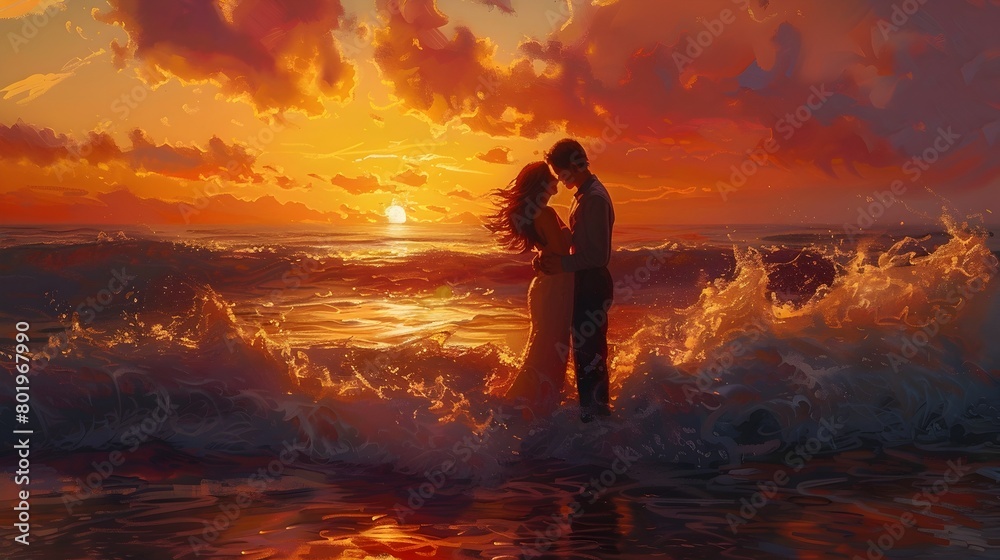 Romantic Sunset Embrace on the Serene Beachfront