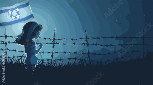 Little Jewish girl with barbed wire and flag of Israel