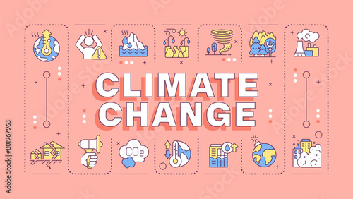 Climate change coral pink word concept. Industrial water pollution, global warming. Natural disaster. Typography banner. Vector illustration with title text, editable icons color. Hubot Sans font used