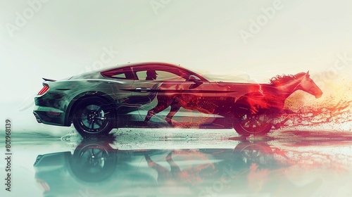 Double Exposure of a Car and a Horse Running Overlay an image of a sleek car with a horse running, symbolizing power, freedom, and endurance, key attributes often used in car marketing