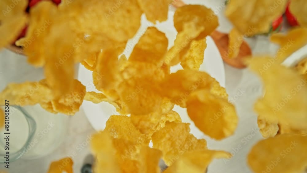 Super Slow Motion of Falling Cereals into Milk. Camera Follows the Target, Overhead Shot. Filmed on High Speed Cinema Camera, 1000fps, Placed on Cine Bot. Super Slow Motion of Falling Cereals into Milk. Camera Follows the Target, Overhead Shot. Filmed on High Speed Cinema Camera, 1000fps, Placed on Cine Bot.