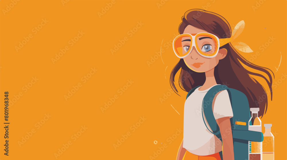 Little schoolgirl in safety goggles with backpack and