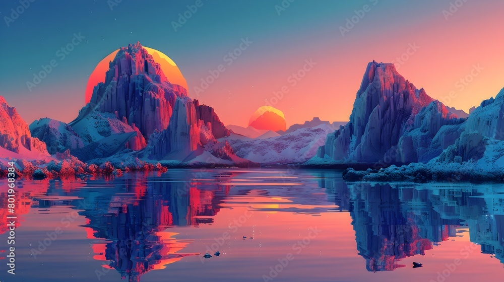 Dramatic Layered Landscapes Reflecting Serene Sunset Scenery in Remote Mountain Lake Destination