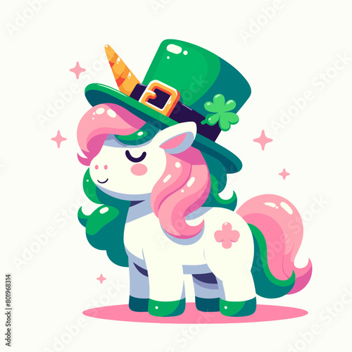 A cute cartoon unicorn wearing a green top hat with a gold buckle and a four leaf clover