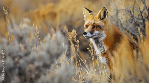 A red fox is seen in the golden grass of an open field  surrounded by tall dry brush and foliage  with a focus on its face.