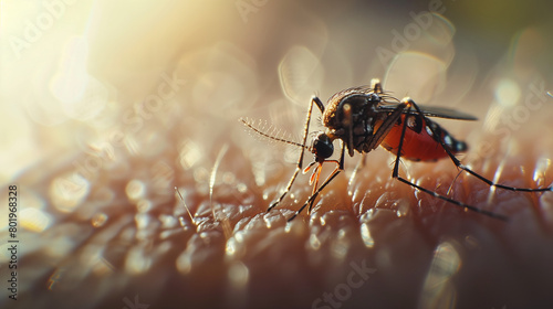 Female mosquito sucking human blood on skin with bokeh background.Danger from mosquitoes and insect.