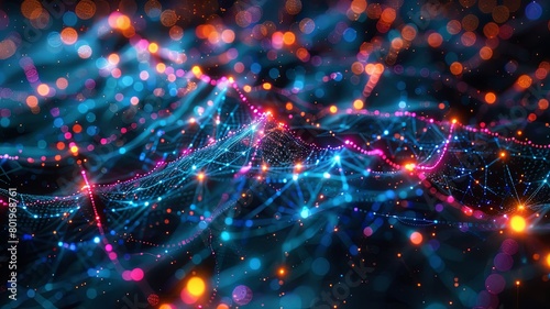 Dynamic visualization of a complex system, depicted as an artistic neural network with data connectivity, featuring a neon glow